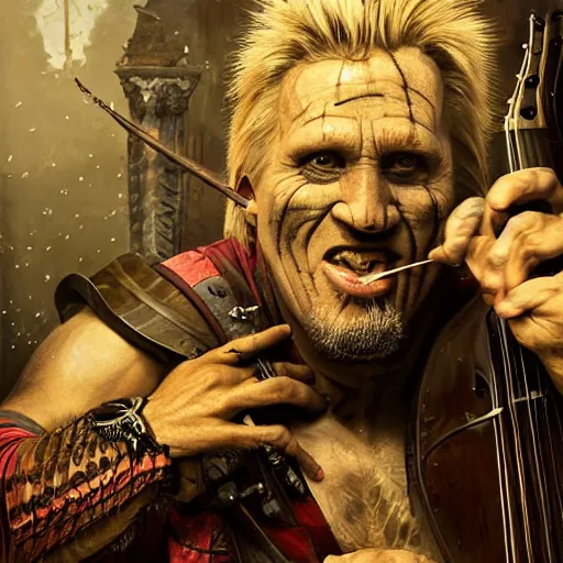 Prompt: detailed photo of a orc bard portrayed by gigachad Gary Busey playing a lute, 8k,by Tristan Eaton, Stanley Artgermm, Tom Bagshaw, Greg Rutkowski, Carne Griffiths, trending on DeviantArt, face enhance, hyper detailed ,full of color, dramatic lightning, epic stance