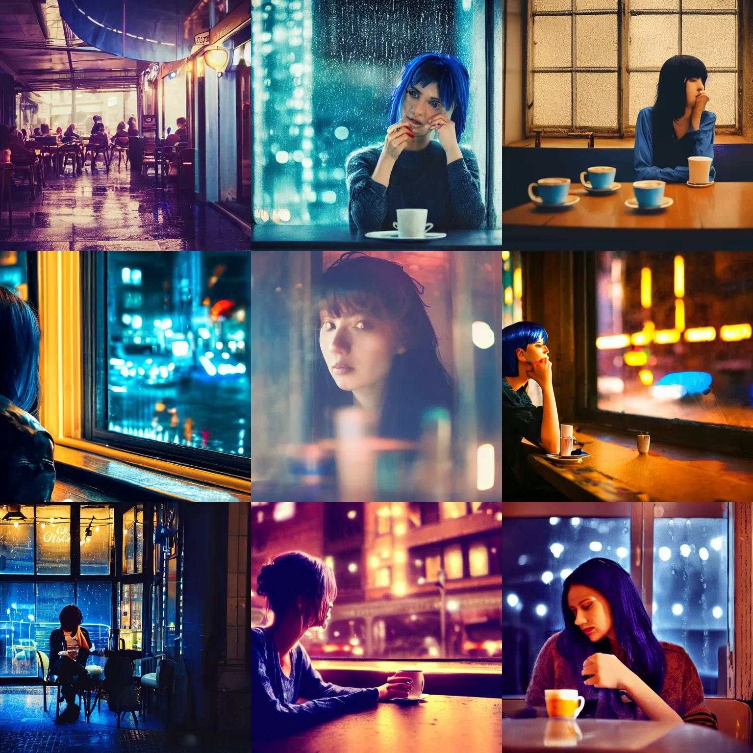 Prompt: beautiful photograph of a woman with dark-blue hair sitting in a cafe next to a window on a rainy night, outside are neon lights from a dense city, award winninh photo, artstation, atmospheric, high detail