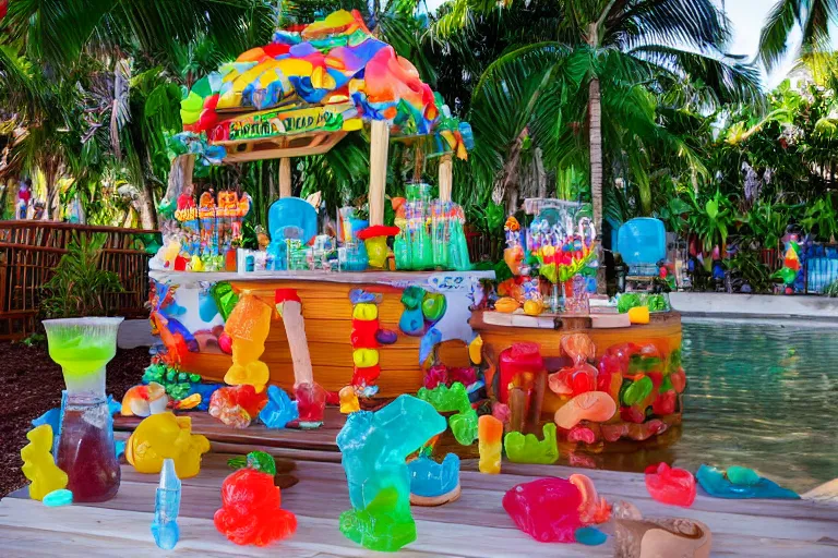 Prompt: poolside Tiki bar made of gummy candy, vacation photo, 55mm