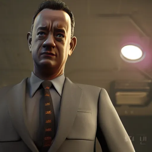 Image similar to a highly detailed matte portrait of tom hanks as a sam fischer, spy novel by tom clancy, unreal engine, volumetric lighting, exquisite detail, 8 k, in a vaporwave and aetherpunk style