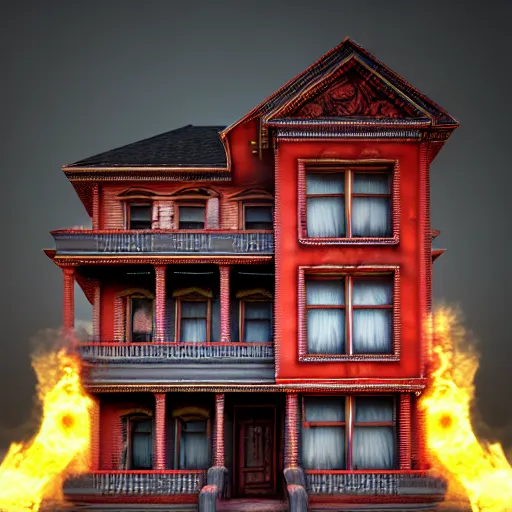 Prompt: A photorealistic 3d render of Invincible Mark Grayson, Volume, Full, ominous, magical realism, texture, intricate, ornate, royally decorated, android format, windows, many doors, roofs, complete house , whirling smoke, embers, red adornments, red torn fabric, radiant colors, fantasy, trending on artstation, volumetric lighting, micro details, 3d sculpture, ray tracing, 8k