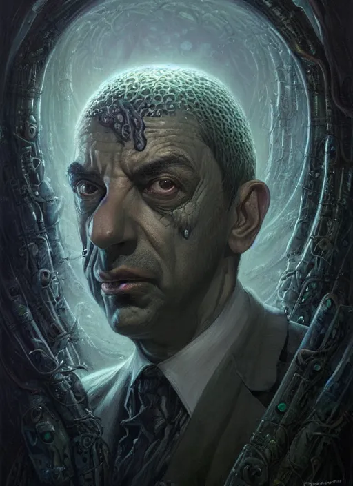 Image similar to lovecraft biopunk portrait of rowan sebastian atkinson, by tomasz alen kopera and peter mohrbacher