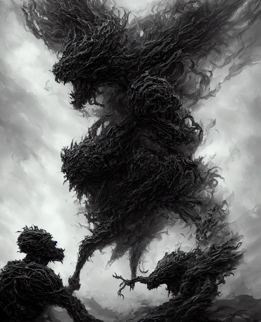 Image similar to a painting of a giant smoke monster fighting a young man, dark colors, sinister atmosphere, dramatic lighting, cinematic, establishing shot, extremely high detail, photo realistic, cinematic lighting, pen and ink, intricate line drawings, by Yoshitaka Amano, Ruan Jia, Kentaro Miura, Artgerm, post processed, concept art, artstation, matte painting, style by eddie mendoza, raphael lacoste, alex ross,