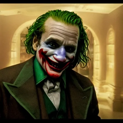 Image similar to stunning awe inspiring ( robin williams ) as the joker 8 k hdr movie still atmospheric lighting