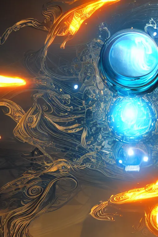 Prompt: swirling abstract cyborg parts and ornate flowing smoke streams and smooth particle effects surround a small metallic sphere, unreal engine