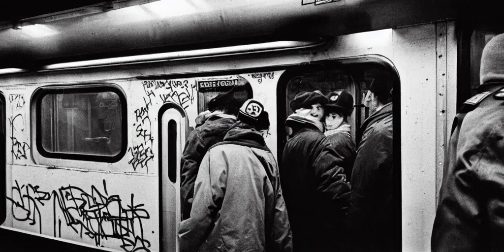 Prompt: new york subway cabin 1 9 8 0 s inside all in graffiti, man in carhartt jacket closeup, policeman closeup, passengers, film photography, journalist photography, christopher morris photography, bruce davidson photography