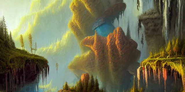 Prompt: painting valley of geodes filled crashed ships on endor by tomasz alen kopera and svetlin velino with a village hidden behind a waterfall by eddie jones and simon stahlenhag