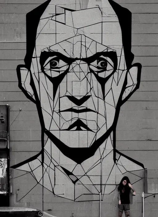 Image similar to symmetry!! portrait of frankenstein by sachin teng, organic, cables, black and white, matte painting, geometric shapes, hard edges! graffiti, street art