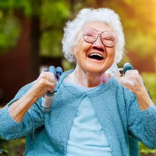 Image similar to an old woman laughing in a park with a thin translucent oxygen tubing under her nose, 4 k, stock photo