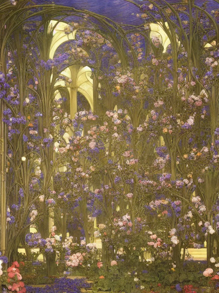 Image similar to the grand temple of flowers, by elihu vedder and thomas seddon, pre raphaelite, art nouveau, fantasy architecture, flowers