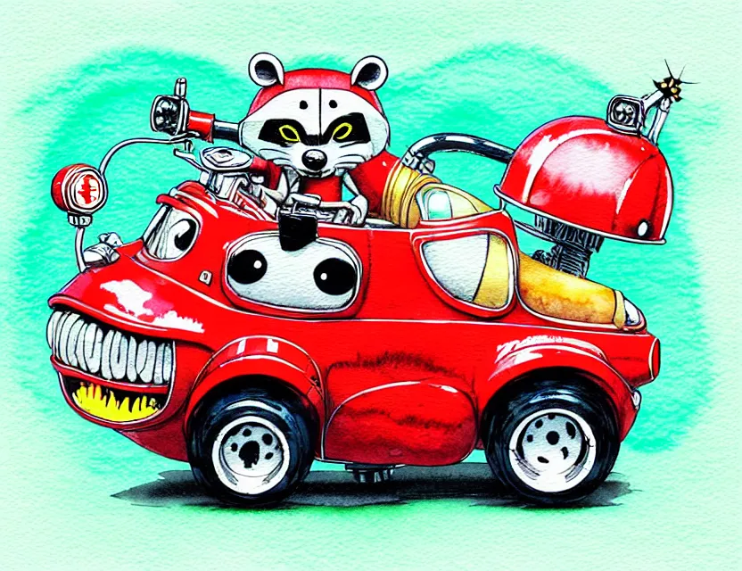 Prompt: cute and funny,'racoon wearing a red helmet'riding in a tiny hot rod with oversized engine, ratfink style by ed roth, centered award winning watercolor pen illustration, isometric illustration by chihiro iwasaki, edited by range murata, tiny details by artgerm and watercolor girl, symmetrically isometrically centered
