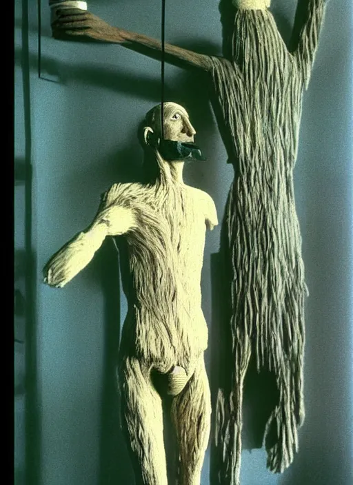 Image similar to realistic photo of a a hairy human birdman sculpture by max ernst made of white clay, in a living room sci - fi laboratory with many wooden gadgets made of wood interior is made of wood 1 9 9 0, life magazine reportage photo, natural colors