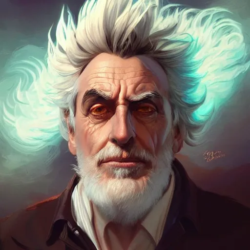 Image similar to Rick Sanchez, portrait, highly detailed, digital painting, artstation, concept art, sharp focus, illustration, art by artgerm and greg rutkowski and alphonse mucha