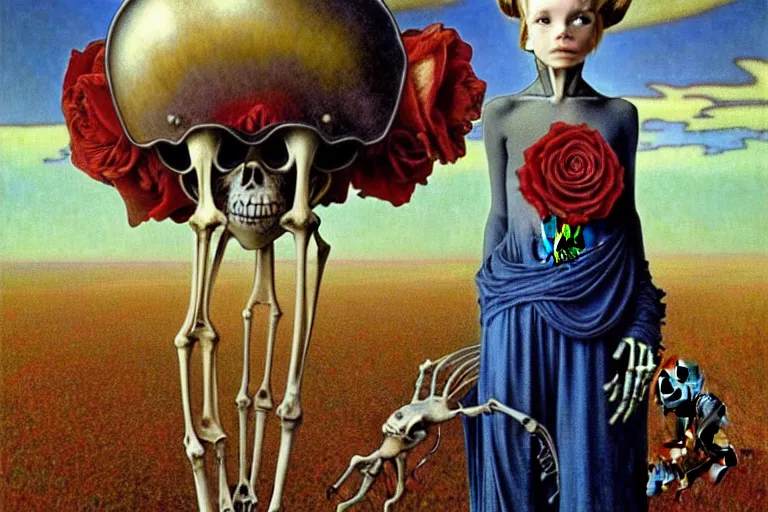 Image similar to realistic detailed portrait painting of a kid with a skeleton with a single rose wearing sci-fi helmet in a dystopian landscape by Jean Delville, Amano, Yves Tanguy, Alphonse Mucha, Ernst Haeckel, Edward Robert Hughes, Roger Dean, cinematic composition, dramatic pose, masterpiece, rich moody colours, blue eyes, 4k details