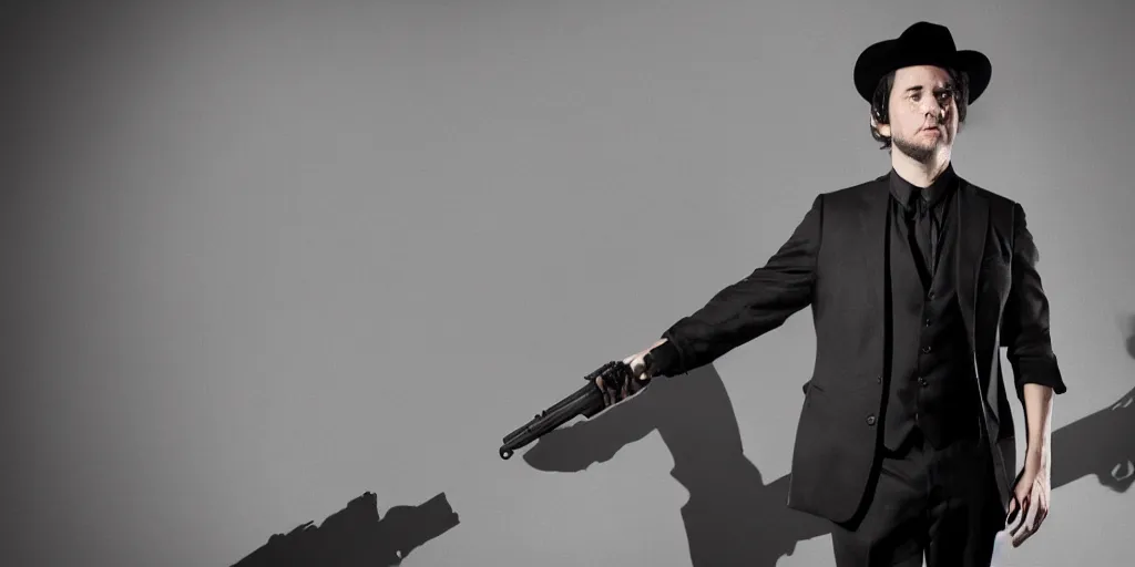 Image similar to serious looking man in a black suit and black fedora hat. he has a big silver gun, 4 k, atmospheric, epic scene, strong shadows, high contrast