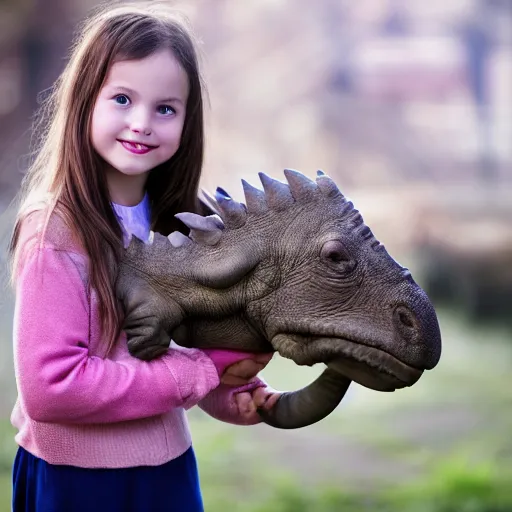 Prompt: girl with a pet triceratops, cute, uhd, 8k, award winning,