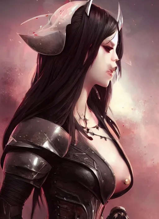 Image similar to full plate armor!!! beautiful and elegant dark hair female vampire!! gorgeous ayes!! character concept art, sharp focus, octane render! unreal engine 5! highly rendered!! trending on artstation!! detailed linework!! illustration by artgerm, wlop, and chie yoshii