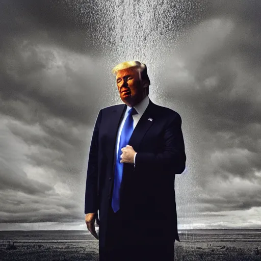 Image similar to 4 k hdr full body wide angle sony portrait of donald trump in a showering rainstorm with moody stormy overcast lighting