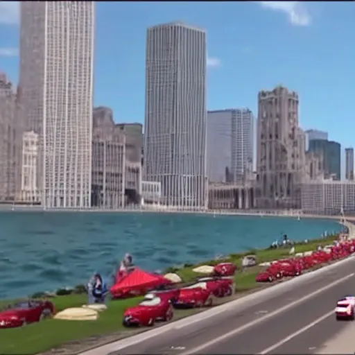 Image similar to live cnn footage of a katamari rolling down chicago's lake shore drive, 4 k screen capture