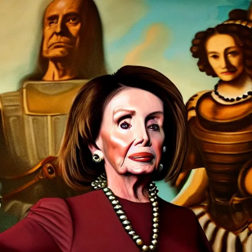 Image similar to painting of nancy pelosi standing in front of 1 6 th century backdrop. she looks like vigo the carpathian wearing armor. patina on armor. she ominously stares forward. hand on hip, arm resting on large stone. sepia toned. dramatic lighting. painting by lou police for ghostbusters 2.