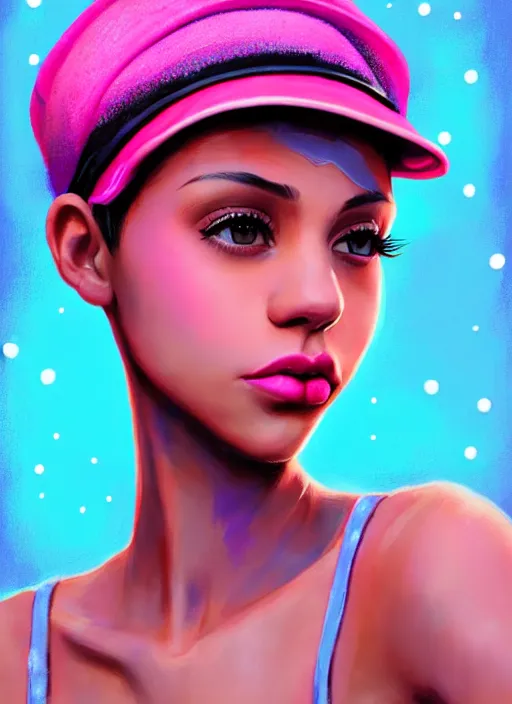 Image similar to portrait of teenage vanessa morgan with bright pink hair, black girl, curly pixie cut hair, wearing newsboy cap, pink short haircut, newsboy cap, hoop earrings, blue eyes, intricate, elegant, glowing lights, highly detailed, digital painting, artstation, concept art, smooth, sharp focus, illustration, art by wlop, mars ravelo and greg rutkowski