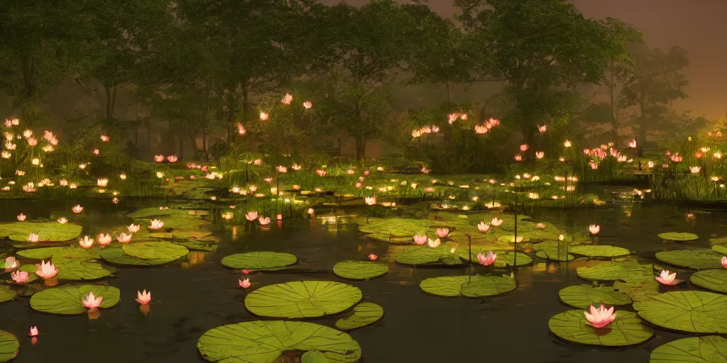 Image similar to dreamy pond full of lotus flowers at night, concept art, render by octane and blender, hyper realistic, cinematic lighting, unreal engin 5, by krenz cushart, 8 k, vray render, artstation, deviantart