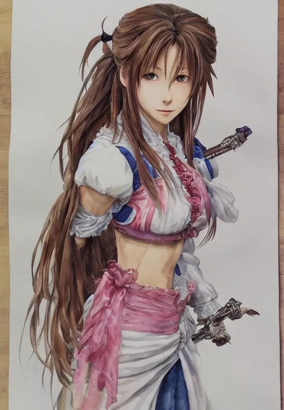 Prompt: a full - body watercolor painting of aerith gainsborough!!!!!! by yoshitaka amano, highly detailed, intricate, trending on artstation, award - winning