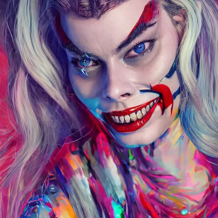 Image similar to portrait of Margot Robbie as a harley quinn. intricate abstract. intricate artwork. nightmare fuel. by Tooth Wu, wlop, beeple, dan mumford. octane render, trending on artstation, greg rutkowski very coherent symmetrical artwork. cinematic, hyper realism, high detail, octane render, 8k, iridescent accents