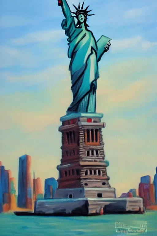 Image similar to bob ross painting of new york statue of liberty