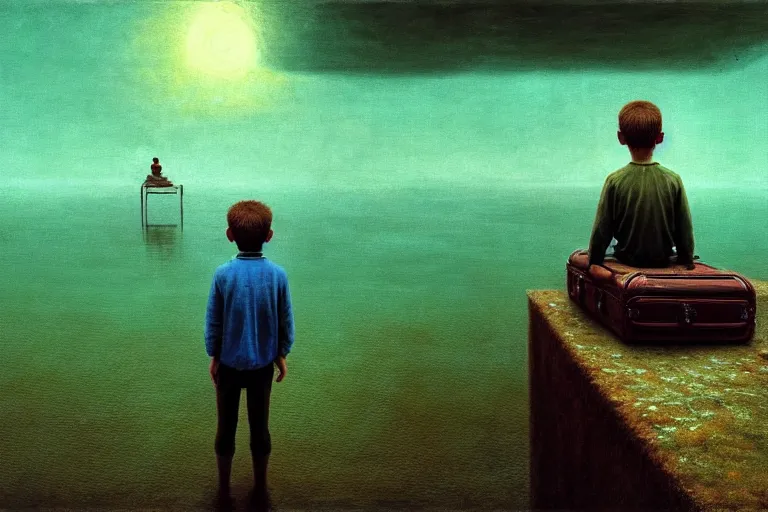 Prompt: hyperrealistica boy with binoculars sits on a suitcase floating on the sea, in the style of beksinski, solarpunk, atmospheric, clean, intricate and epic composition, green by caravaggio, insanely quality, highly detailed, masterpiece, blue light, artstation, 4 k