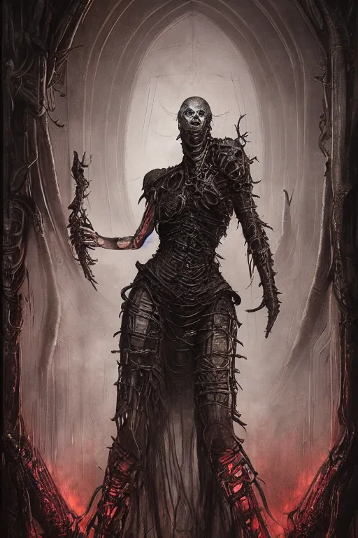 Prompt: portrait of claudia black by hr giger, greg rutkowski and wayne barlowe as a diablo, resident evil, dark souls, bloodborne monster