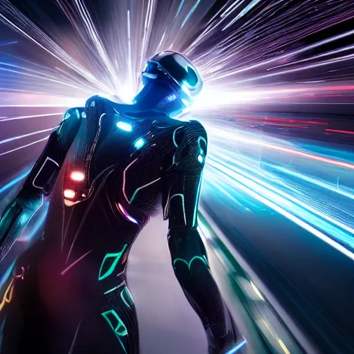 Prompt: speed, diverse fast cybersuits, from behind, motion blur, bokeh, wide wide angle, vivid, elaborate, highly detailed, beautiful lighting