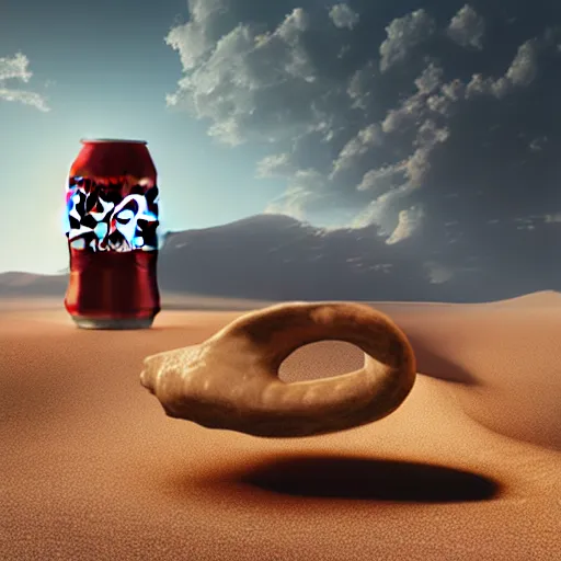 Image similar to a giant coca cola can in a desert,photorealiatic,hyperdetailed,hyperrealistic,studio lighting,studio photography,professional photography,professional lighting,detailed face,3 point lighting,4k,digital art,ultra realistic,ultra detailed,art by greg rutkowski,eerie,mysterious