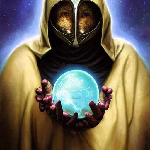 Image similar to masked nomad male wearing a cloak on an alien world and holding a holographic planet projection in his hand, detailed, sci - fi, digital painting, artstation, sharp focus, illustration, ominous, artgerm, tomasz alen kopera, peter mohrbacher, donato giancola, joseph christian leyendecker, wlop, frank frazetta