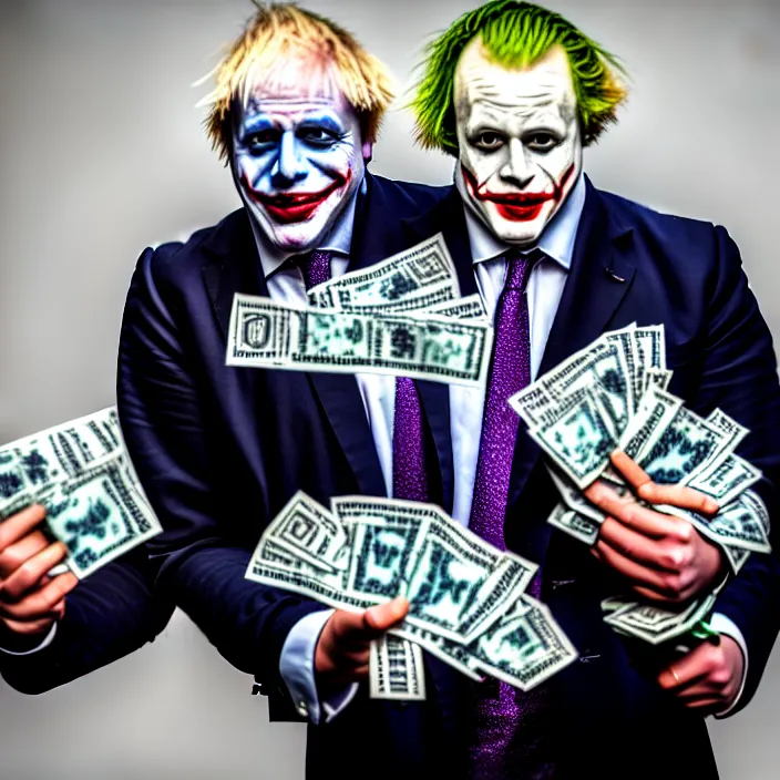 Image similar to photo of boris johnson dressed like satan and the joker holding bundles of cash, highly detailed, 4 k, hdr, smooth, sharp focus, high resolution, award - winning photo