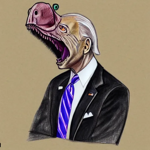 Image similar to drawing, Joe Biden dressed as a dinosaur, open-faced drawing, Joe Biden dressed as a dinosaur, open-faced