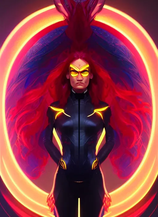 Image similar to symmetry portrait of dark phoenix, sci - fi, tech wear, glowing lights, intricate, elegant, highly detailed, digital painting, artstation, concept art, smooth, sharp focus, illustration, art by artgerm and greg rutkowski and alphonse mucha