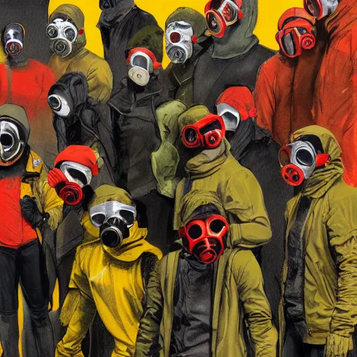 Image similar to detailed details concept art saints gang photo group, theyre using gas mask, other using saints mask, theyre wear yellow and red hoodie, theyre leader regularly uses red in the style of bob peak and alex ross, gouache and wash paints color, detailed details facial and body and human and environments and proportionate, detailed 5 k details.