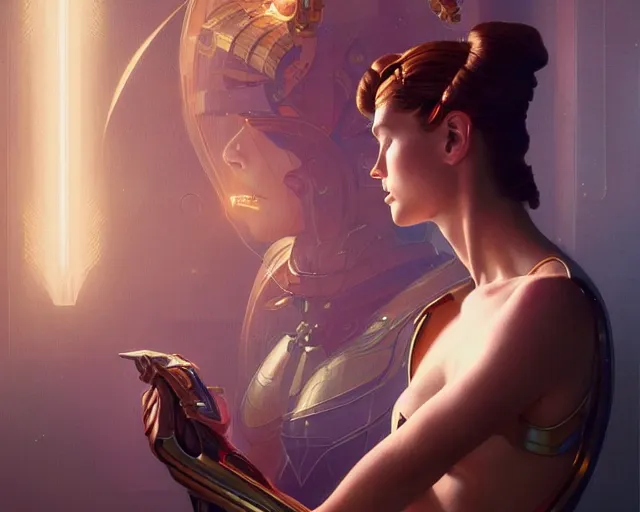 Prompt: scifi woman lange and horst p horst, deep focus, d & d, fantasy, intricate, elegant, highly detailed, digital painting, artstation, concept art, matte, sharp focus, illustration, hearthstone, soft volumetric lights, art by moebius and artgerm and greg rutkowski and alphonse mucha