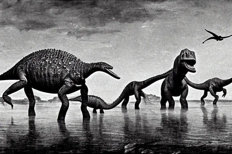 Prompt: The first picture ever taken on earth, at the time of dinosaurs, 65 million years ago. There are diplodocus and a stegosaurs. The edges of the picture were partially burned in a fire, long time ago. And a flood has left stain marks on the picture