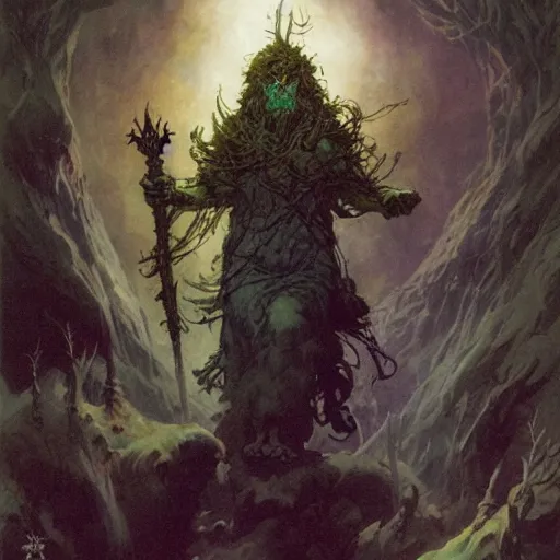 Image similar to a druid at the beginning of the world by alan lee and peter mohrbacher and frank frazetta and mike mignola