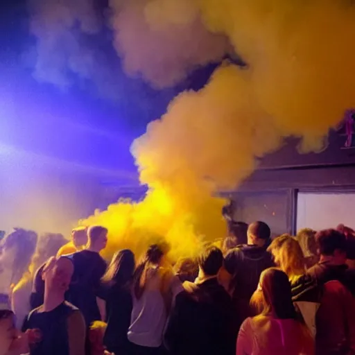 Image similar to yellow smoke surrounding a bunch of young people in a night club, surreal, dreamy