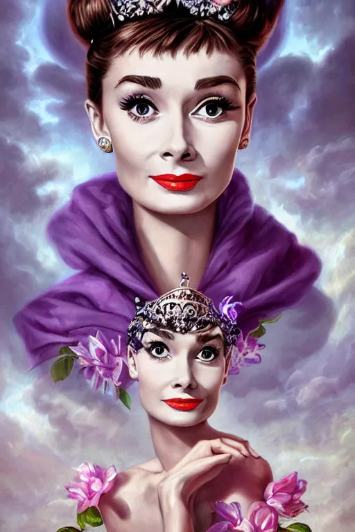 Prompt: closeup portrait fine art photo of the beauty audrey hepburn, she has a crown of stunning flowers and dress of purple satin and gemstones, symmetrical realistic eyes, background full of stormy clouds, by peter mohrbacher