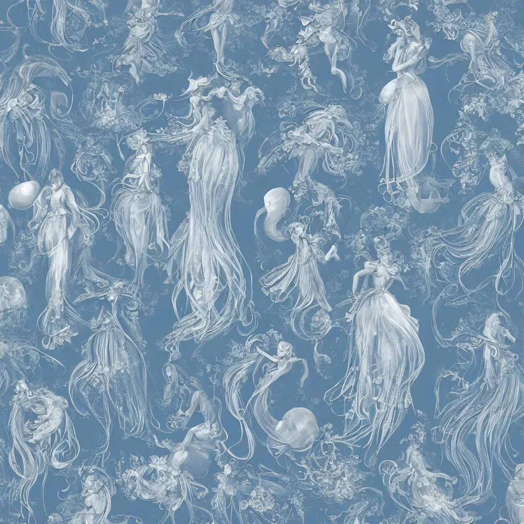 Image similar to blue dress design in the style of rococo ，Victorian era，jellyfish element，dreamy, soft ,Backlight ,luminescence，in the style of Aetherpunk,highly detailed,8k