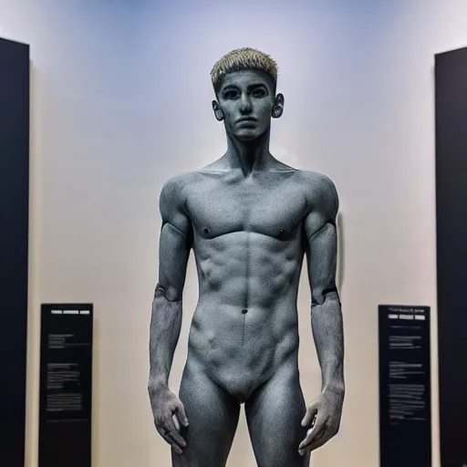 Image similar to a realistic detailed photo of a guy who is an attractive humanoid who is half robot and half humanoid, who is a male android, twitch streamer ninja tyler blevin, shiny skin, posing like a statue, blank stare, at the museum, on display