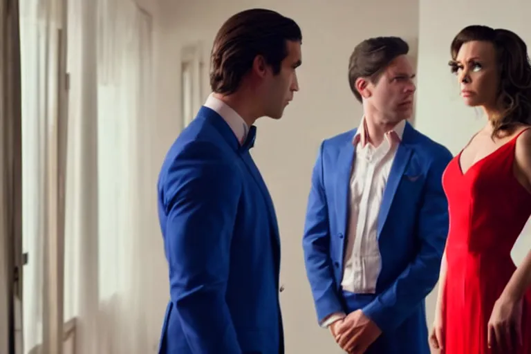 Prompt: full body film still of a man longingly looking at a distant woman in a red dress as a woman in a blue dress looks disgusted at the man in the new romance comedy movie, dramatic angle, dramatic lighting