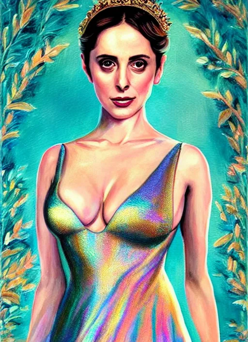 Prompt: Greek goddess Alison Brie in her best gala clothes staring in amusement at you. soft detailed painting at 16K resolution and amazingly epic visuals. epically beautiful image. amazing effect, image looks gorgeously crisp as far as it's visual fidelity goes, absolutely outstanding. vivid clarity. ultra detail. iridescent. mind-breaking. mega-beautiful pencil shadowing. beautiful face. Ultra High Definition. soft shading. soft texture. intensely beautiful.