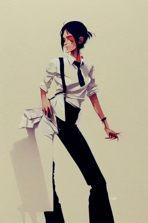 Image similar to a ultradetailed beautiful panting of a stylish woman, she is wearing a white shirt with a tie and black pants, by conrad roset, greg rutkowski and makoto shinkai trending on artstation