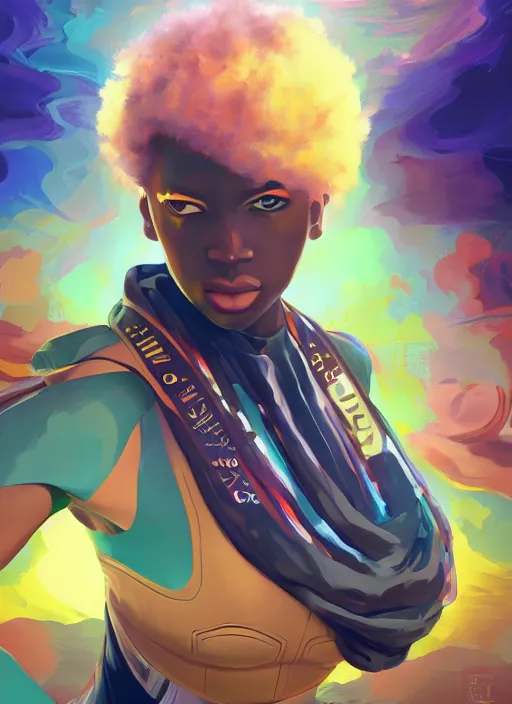 Image similar to afro - futurist artists, paint, brushes and canvas, hacking the metaverse of art | hyperrealistic oil painting | by makoto shinkai, ilya kuvshinov, lois van baarle, rossdraws | afrofuturism, in the style of hearthstone, trending on artstation | dark color scheme