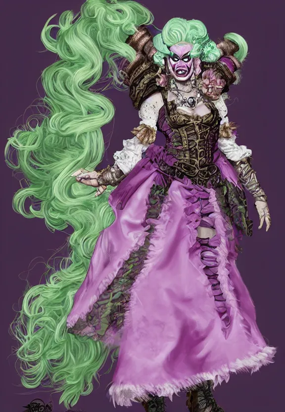 Image similar to d&d character artwork of an orc drag queen who is wearing a very girly prissy frilly rococo ballgown outfit and a huge rococo updo pouf wig, orc with green skin, drag, girly, fabulous, D&D, fantasy artwork, highly detailed, digital painting, artstation, smooth, sharp focus, illustration, art by artgerm and greg rutkowski and alphonse mucha